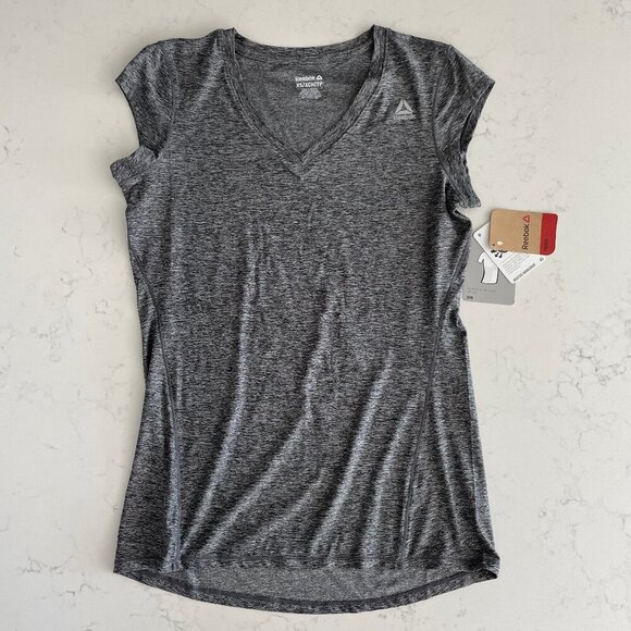 Reebok Training Perfect Cap Sleeve V Neck Slim Top Black Heather Sz XS NWT - Picture 1 of 13